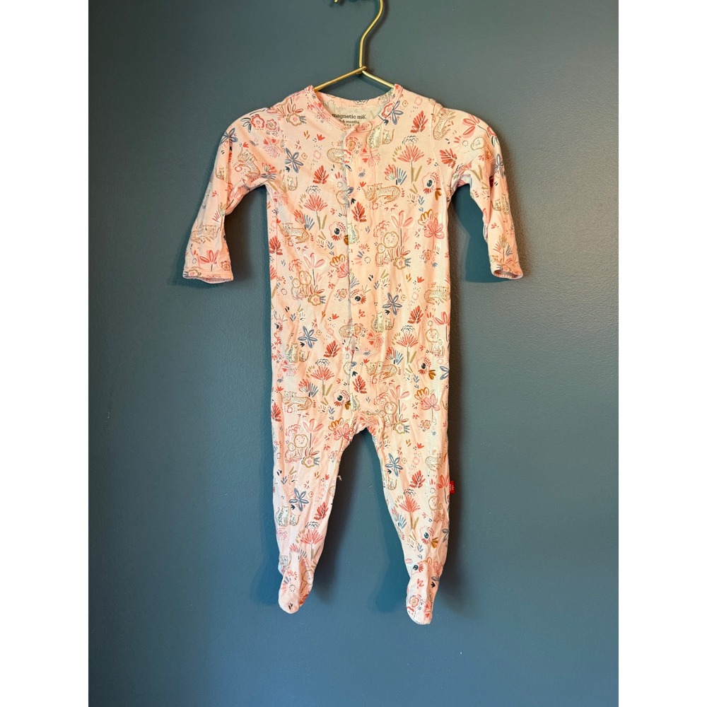 Magnetic Me Pink Safari Animal Floral bamboo Magnetic Footie Sleeper 3-6 Months